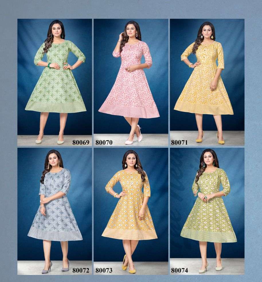 GIRNAR BY MAYRA 80069 TO 80074 SERIES BEAUTIFUL STYLISH FANCY COLORFUL CASUAL WEAR & ETHNIC WEAR RAYON FOIL KURTIS AT WHOLESALE PRICE