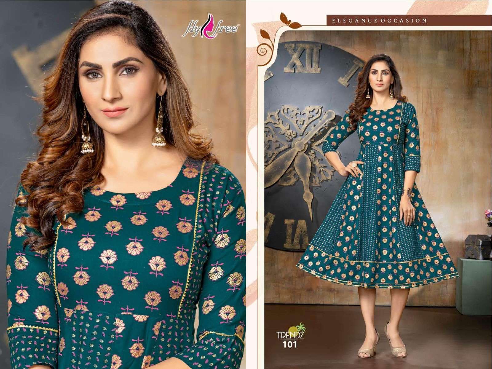 TRENDZ BY FLY FREE 101 TO 108 SERIES BEAUTIFUL STYLISH FANCY COLORFUL CASUAL WEAR & ETHNIC WEAR RAYON FOIL KURTIS AT WHOLESALE PRICE
