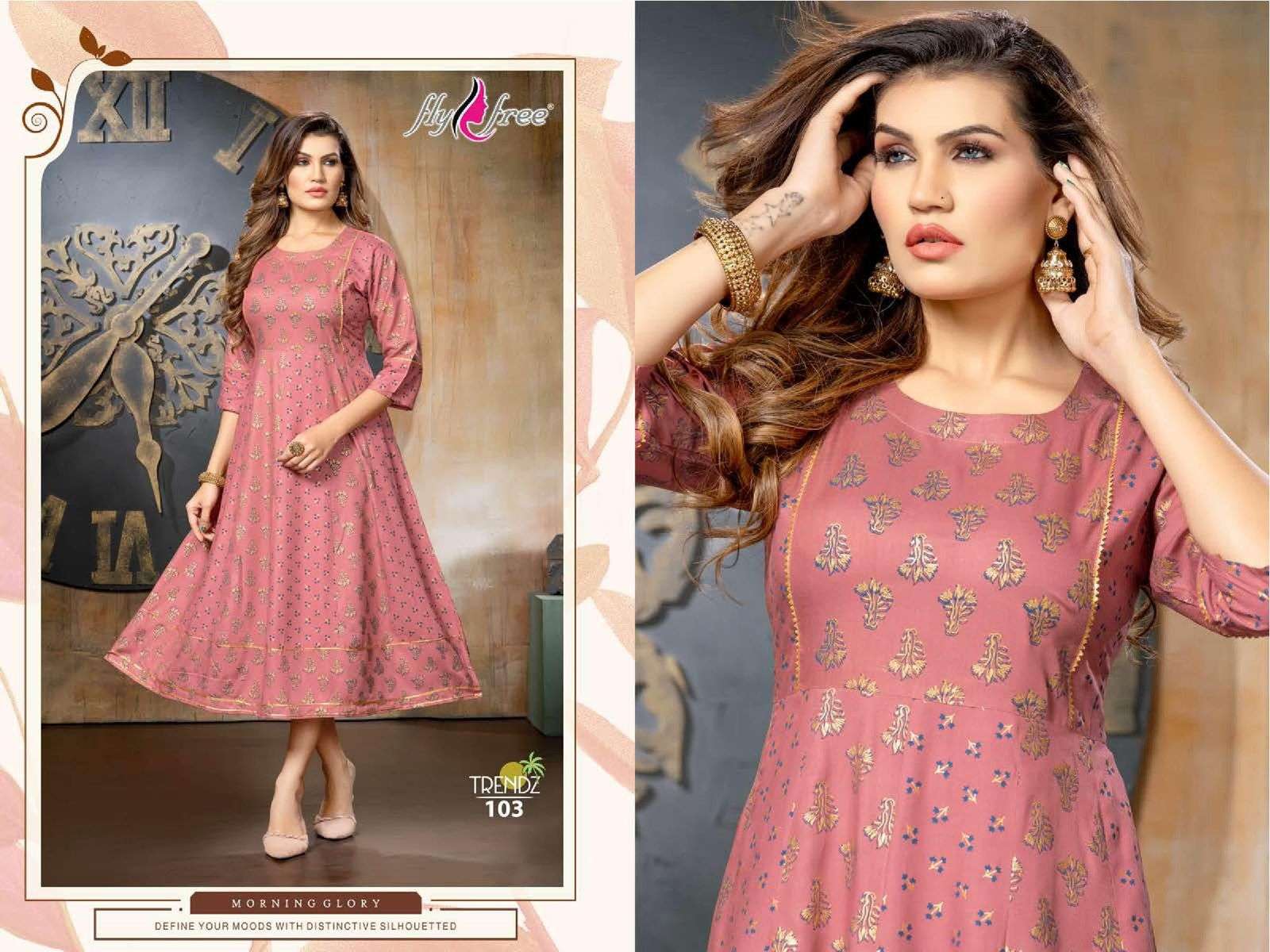 TRENDZ BY FLY FREE 101 TO 108 SERIES BEAUTIFUL STYLISH FANCY COLORFUL CASUAL WEAR & ETHNIC WEAR RAYON FOIL KURTIS AT WHOLESALE PRICE