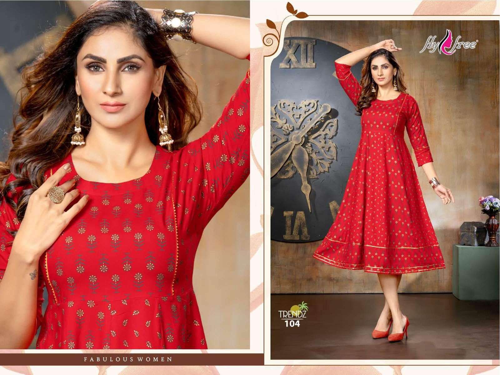 TRENDZ BY FLY FREE 101 TO 108 SERIES BEAUTIFUL STYLISH FANCY COLORFUL CASUAL WEAR & ETHNIC WEAR RAYON FOIL KURTIS AT WHOLESALE PRICE