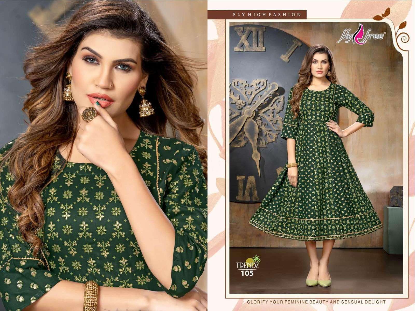 TRENDZ BY FLY FREE 101 TO 108 SERIES BEAUTIFUL STYLISH FANCY COLORFUL CASUAL WEAR & ETHNIC WEAR RAYON FOIL KURTIS AT WHOLESALE PRICE