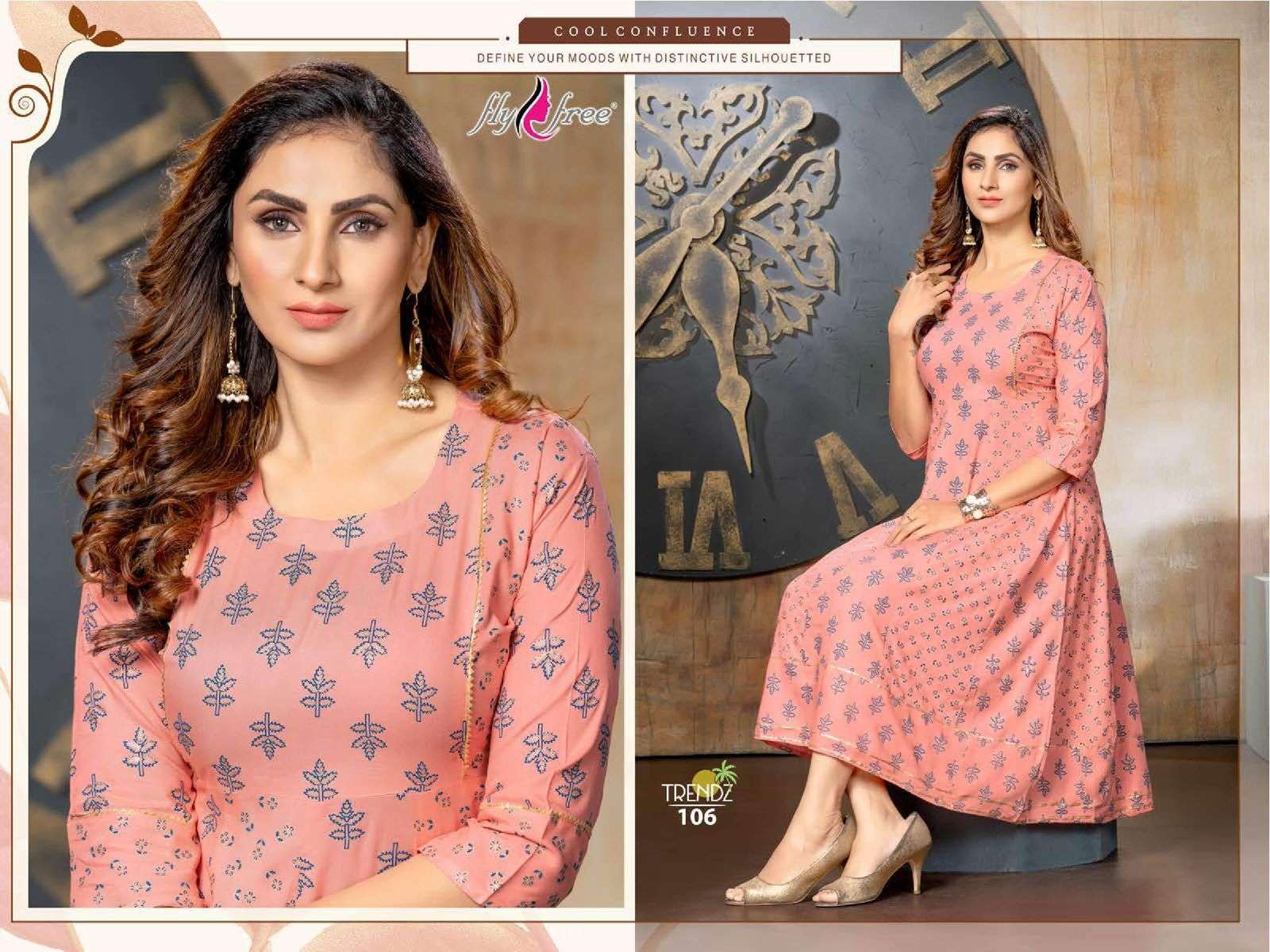 TRENDZ BY FLY FREE 101 TO 108 SERIES BEAUTIFUL STYLISH FANCY COLORFUL CASUAL WEAR & ETHNIC WEAR RAYON FOIL KURTIS AT WHOLESALE PRICE