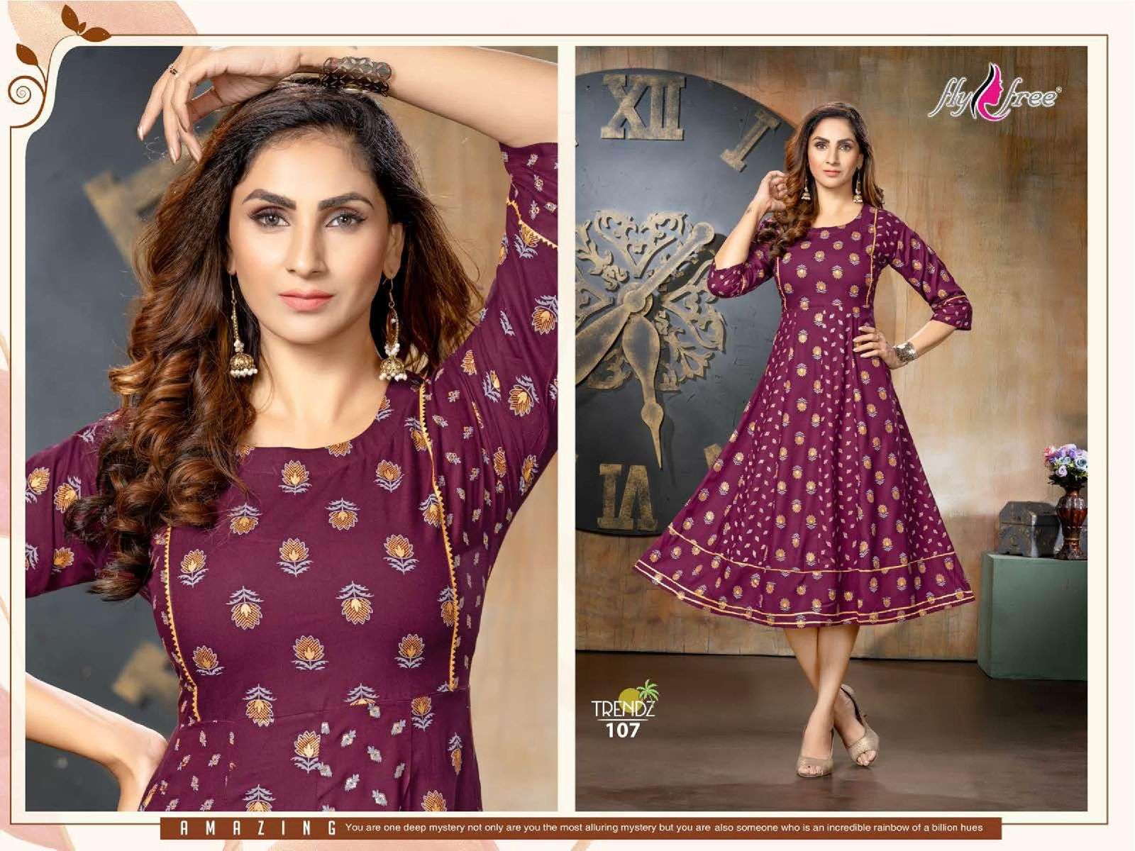 TRENDZ BY FLY FREE 101 TO 108 SERIES BEAUTIFUL STYLISH FANCY COLORFUL CASUAL WEAR & ETHNIC WEAR RAYON FOIL KURTIS AT WHOLESALE PRICE