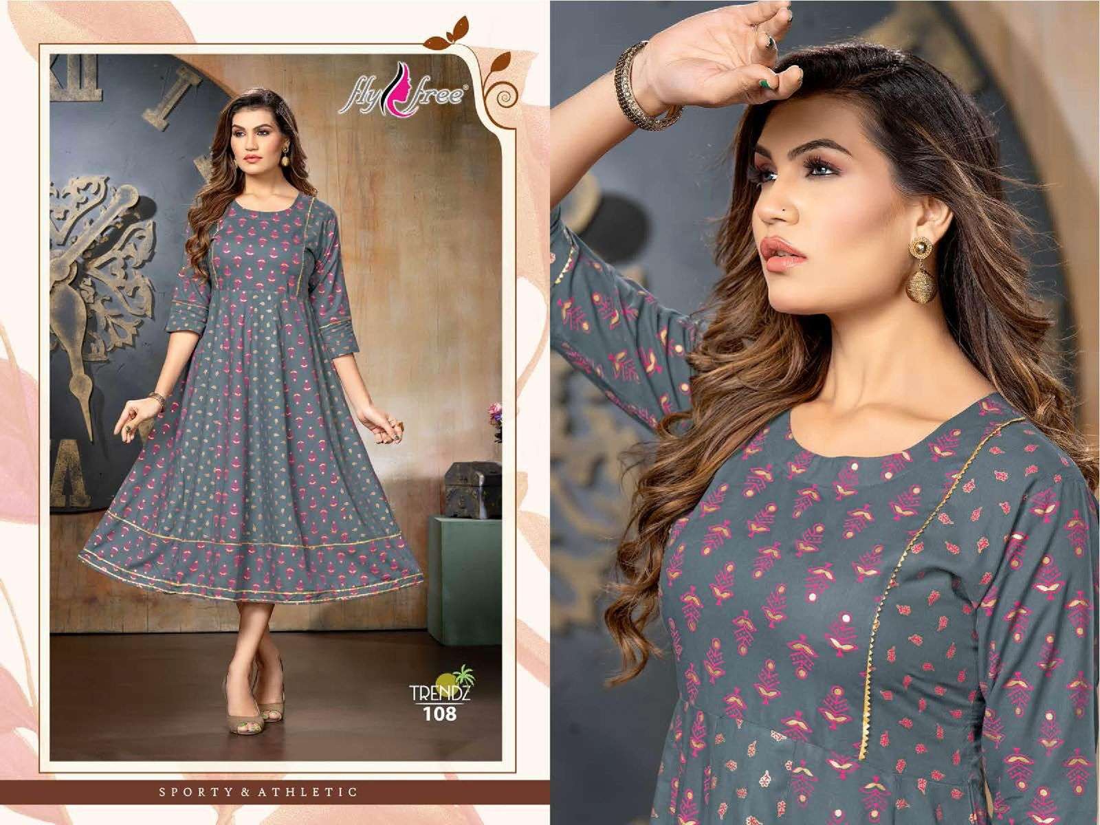 TRENDZ BY FLY FREE 101 TO 108 SERIES BEAUTIFUL STYLISH FANCY COLORFUL CASUAL WEAR & ETHNIC WEAR RAYON FOIL KURTIS AT WHOLESALE PRICE