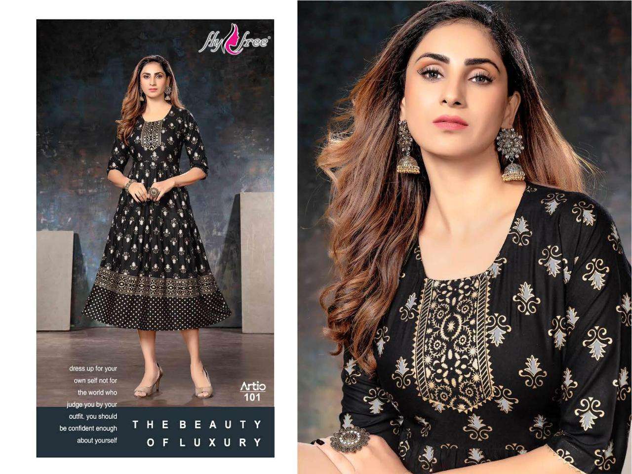 ARTIO BY FLY FREE 101 TO 108 SERIES BEAUTIFUL STYLISH FANCY COLORFUL CASUAL WEAR & ETHNIC WEAR RAYON FOIL KURTIS AT WHOLESALE PRICE