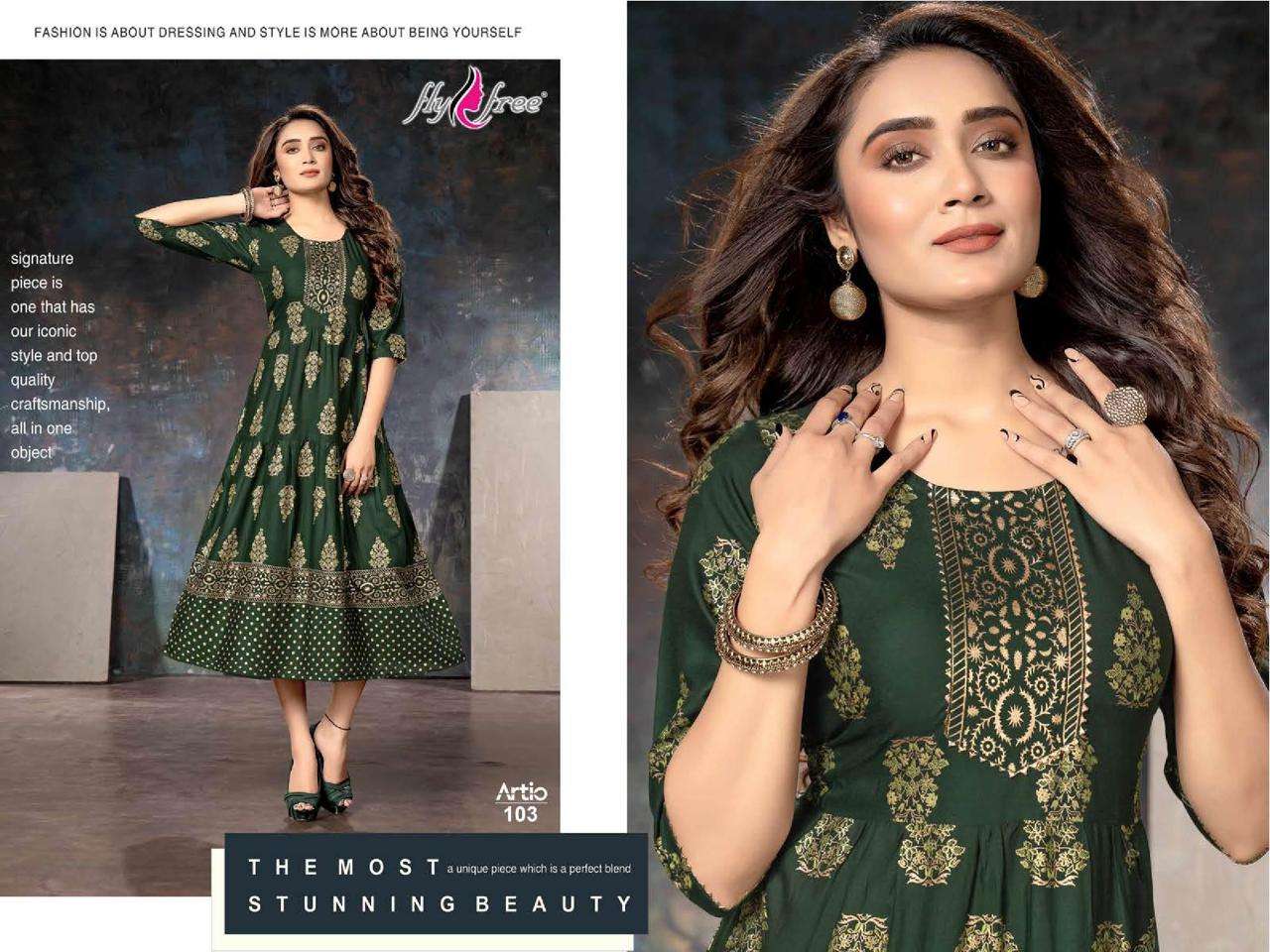 ARTIO BY FLY FREE 101 TO 108 SERIES BEAUTIFUL STYLISH FANCY COLORFUL CASUAL WEAR & ETHNIC WEAR RAYON FOIL KURTIS AT WHOLESALE PRICE