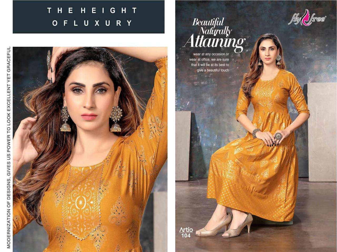 ARTIO BY FLY FREE 101 TO 108 SERIES BEAUTIFUL STYLISH FANCY COLORFUL CASUAL WEAR & ETHNIC WEAR RAYON FOIL KURTIS AT WHOLESALE PRICE