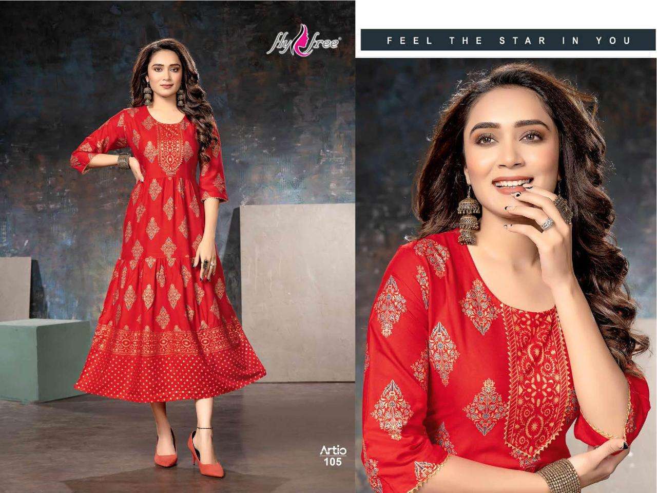 ARTIO BY FLY FREE 101 TO 108 SERIES BEAUTIFUL STYLISH FANCY COLORFUL CASUAL WEAR & ETHNIC WEAR RAYON FOIL KURTIS AT WHOLESALE PRICE