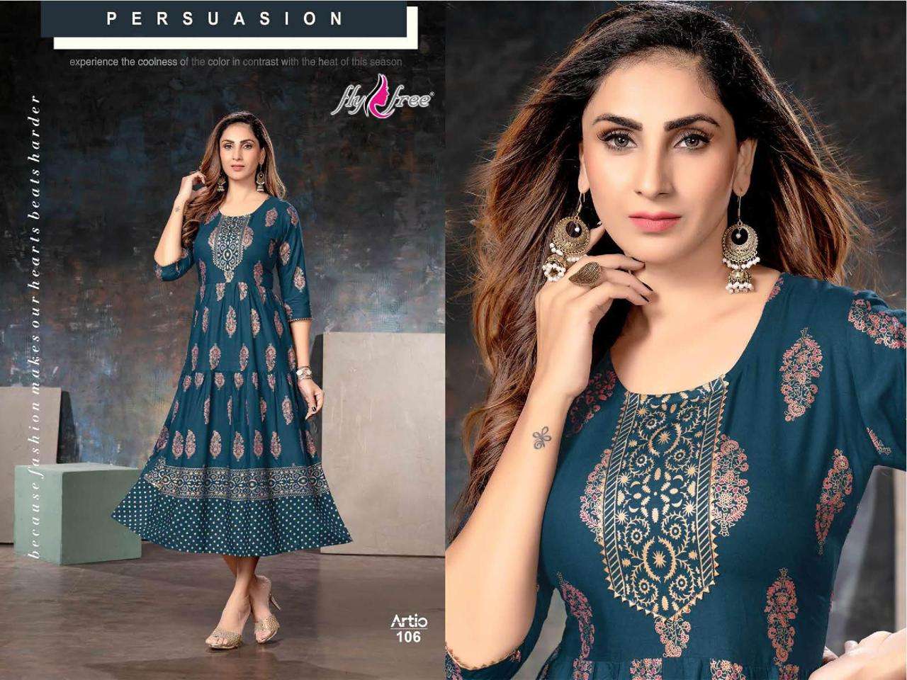 ARTIO BY FLY FREE 101 TO 108 SERIES BEAUTIFUL STYLISH FANCY COLORFUL CASUAL WEAR & ETHNIC WEAR RAYON FOIL KURTIS AT WHOLESALE PRICE