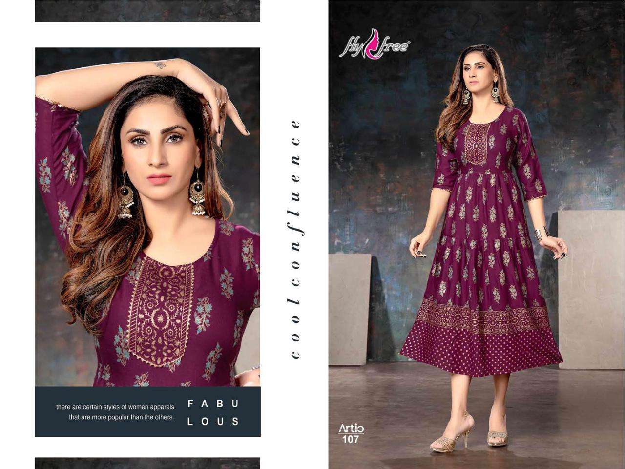 ARTIO BY FLY FREE 101 TO 108 SERIES BEAUTIFUL STYLISH FANCY COLORFUL CASUAL WEAR & ETHNIC WEAR RAYON FOIL KURTIS AT WHOLESALE PRICE