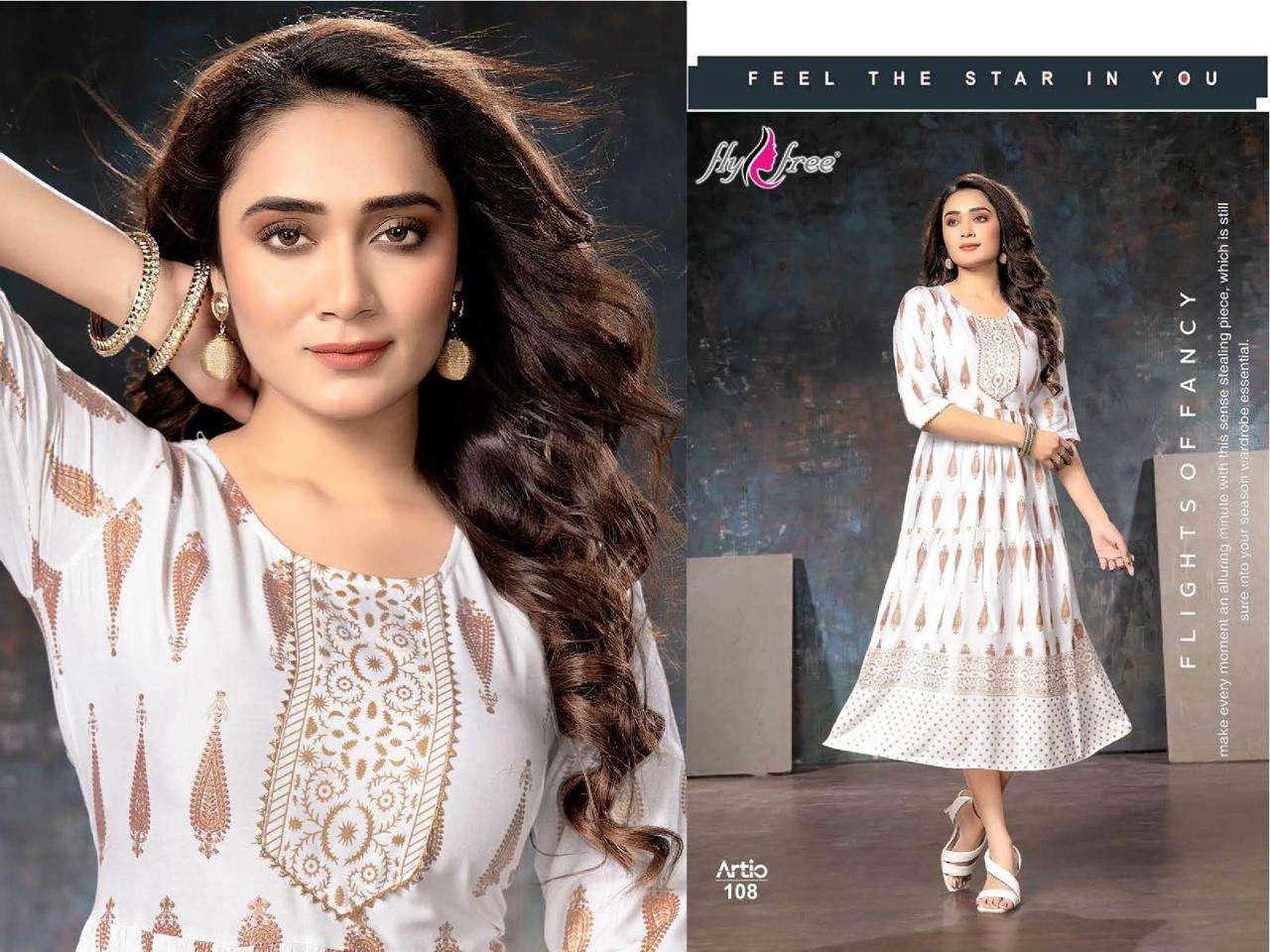 ARTIO BY FLY FREE 101 TO 108 SERIES BEAUTIFUL STYLISH FANCY COLORFUL CASUAL WEAR & ETHNIC WEAR RAYON FOIL KURTIS AT WHOLESALE PRICE