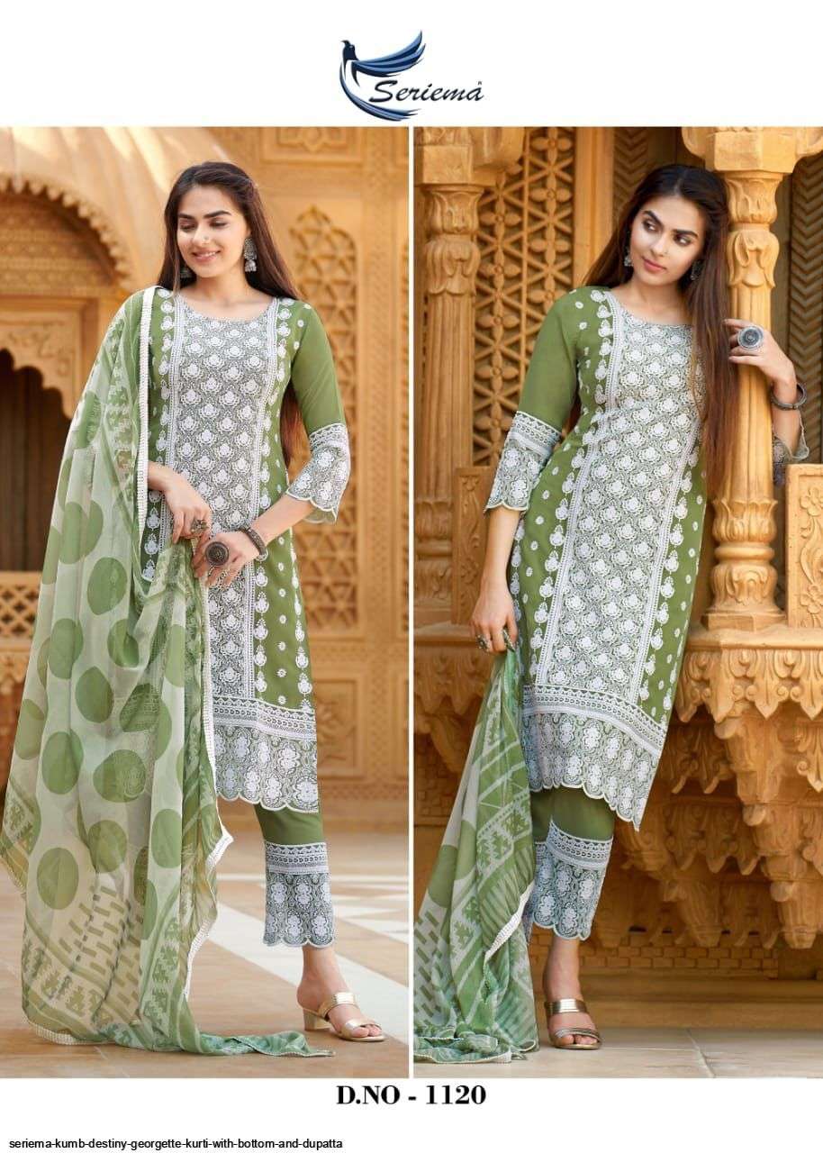 KUMB DESTINY BY SPARROW 1118 TO 1123 SERIES BEAUTIFUL SUITS COLORFUL STYLISH FANCY CASUAL WEAR & ETHNIC WEAR FAUX GEORGETTE DRESSES AT WHOLESALE PRICE