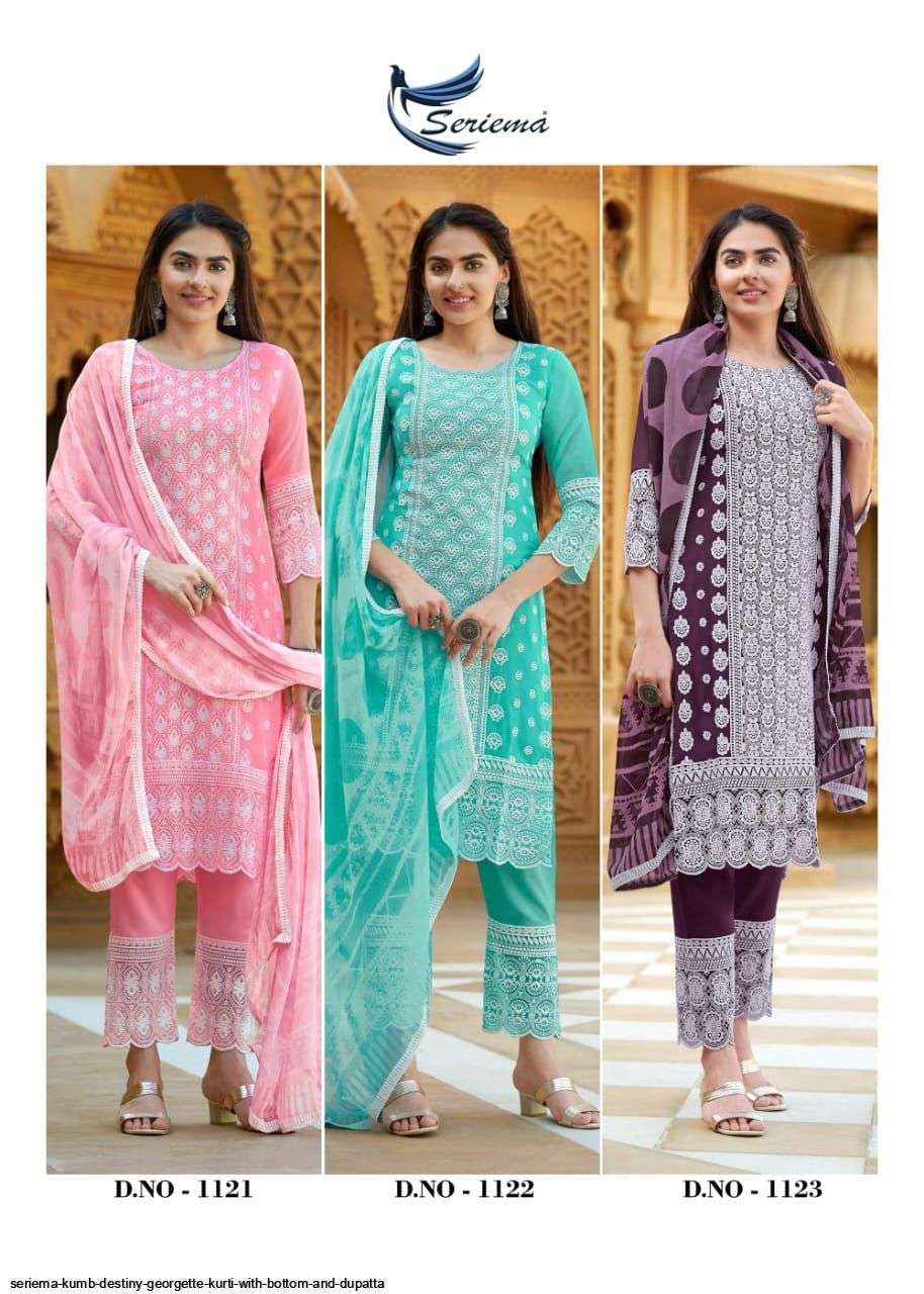 KUMB DESTINY BY SPARROW 1118 TO 1123 SERIES BEAUTIFUL SUITS COLORFUL STYLISH FANCY CASUAL WEAR & ETHNIC WEAR FAUX GEORGETTE DRESSES AT WHOLESALE PRICE