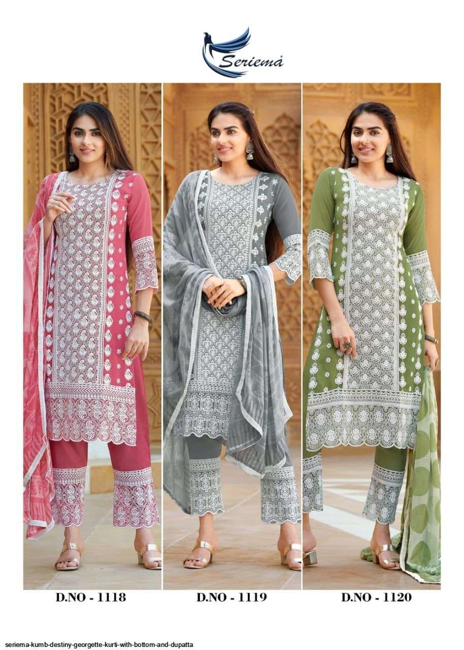 KUMB DESTINY BY SPARROW 1118 TO 1123 SERIES BEAUTIFUL SUITS COLORFUL STYLISH FANCY CASUAL WEAR & ETHNIC WEAR FAUX GEORGETTE DRESSES AT WHOLESALE PRICE