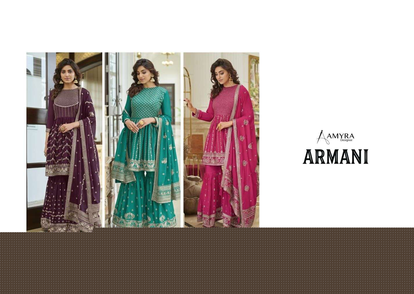 Armani By Amyra Designer 1001 To 1003 Series Beautiful Sharara Suits Colorful Stylish Fancy Casual Wear & Ethnic Wear Heavy Chinnon Dresses At Wholesale Price