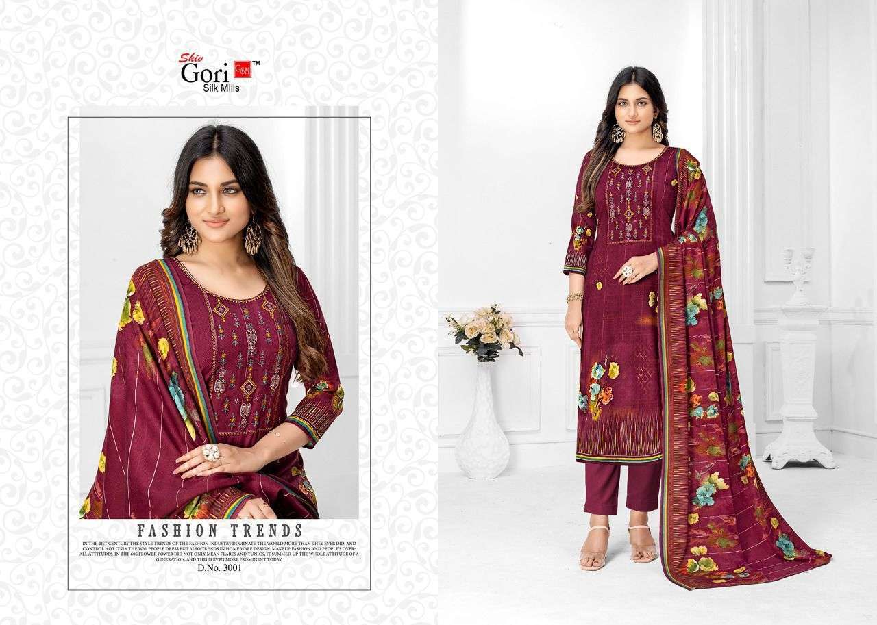 JEBA VOL-3 BY SHIV GORI SILK MILLS 3001 TO 3010 SERIES BEAUTIFUL SUITS COLORFUL STYLISH FANCY CASUAL WEAR & ETHNIC WEAR KASHMIRI WOOL DRESSES AT WHOLESALE PRICE