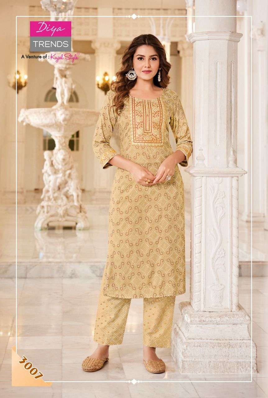 CELEBRATION VOL-3 BY DIYA TRENDS 3001 TO 3010 SERIES BEAUTIFUL STYLISH FANCY COLORFUL CASUAL WEAR & ETHNIC WEAR PURE RAYON KURTIS WITH BOTTOM AT WHOLESALE PRICE