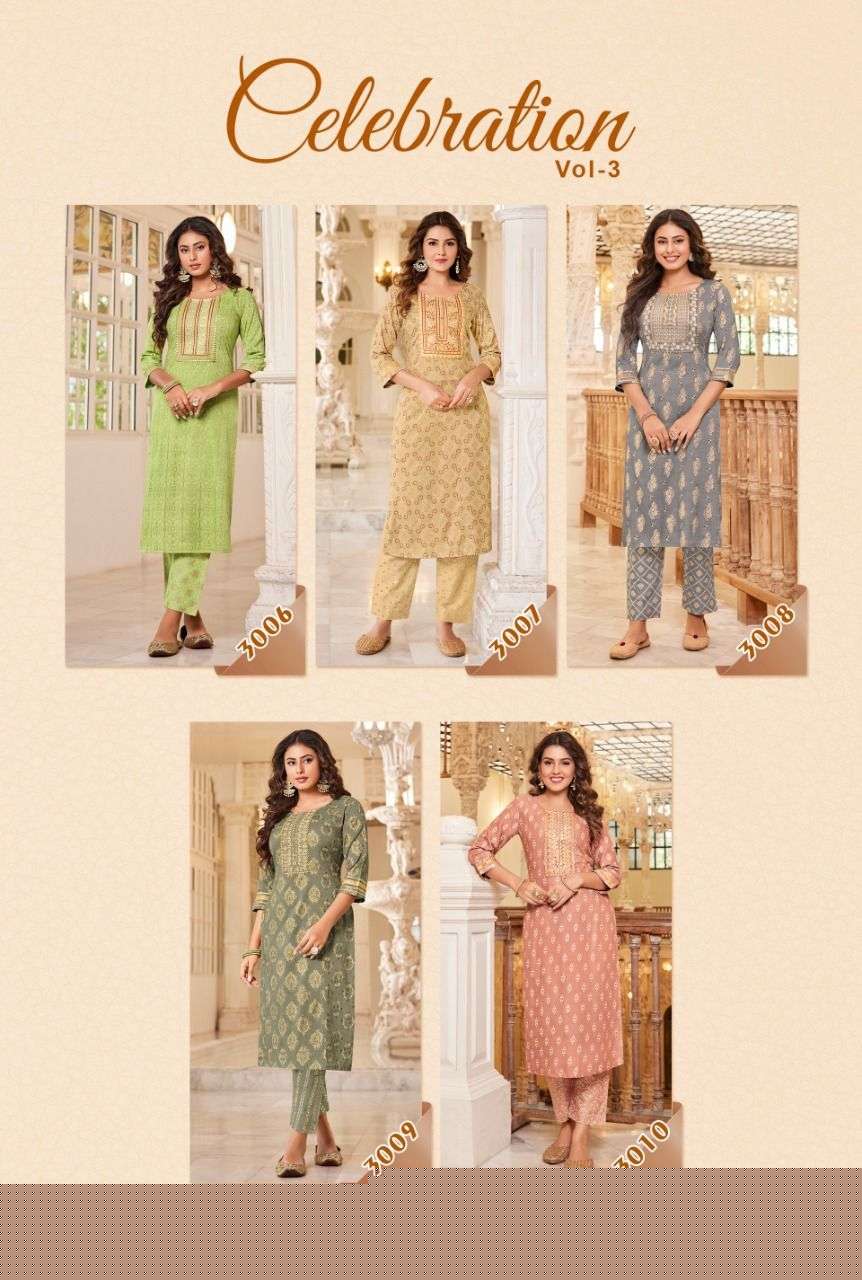 CELEBRATION VOL-3 BY DIYA TRENDS 3001 TO 3010 SERIES BEAUTIFUL STYLISH FANCY COLORFUL CASUAL WEAR & ETHNIC WEAR PURE RAYON KURTIS WITH BOTTOM AT WHOLESALE PRICE