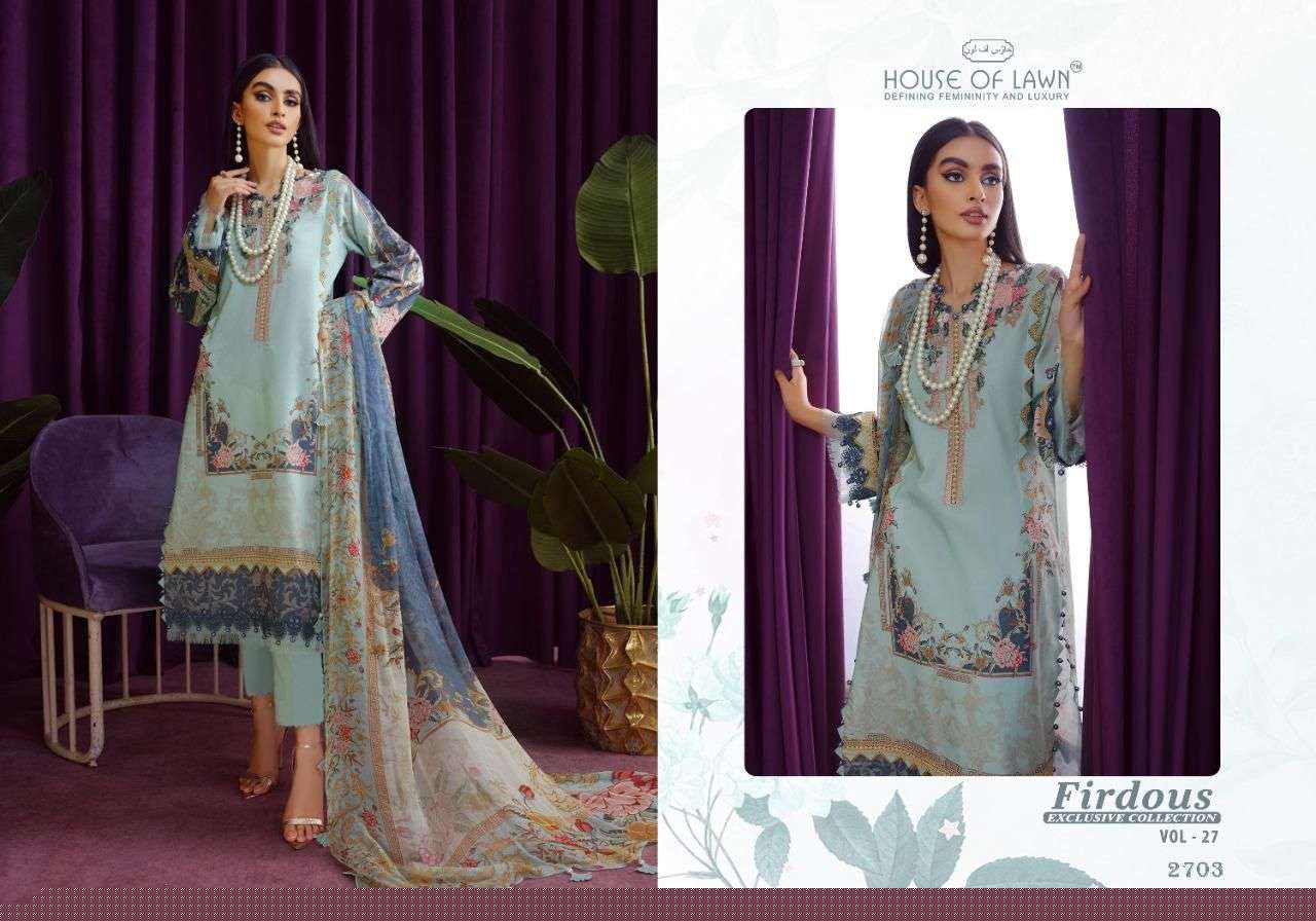 FIRDOUS VOL-27 BY HOUSE OF LAWN 2701 TO 2706 SERIES BEAUTIFUL PAKISTANI SUITS COLORFUL STYLISH FANCY CASUAL WEAR & ETHNIC WEAR PURE LAWN DRESSES AT WHOLESALE PRICE