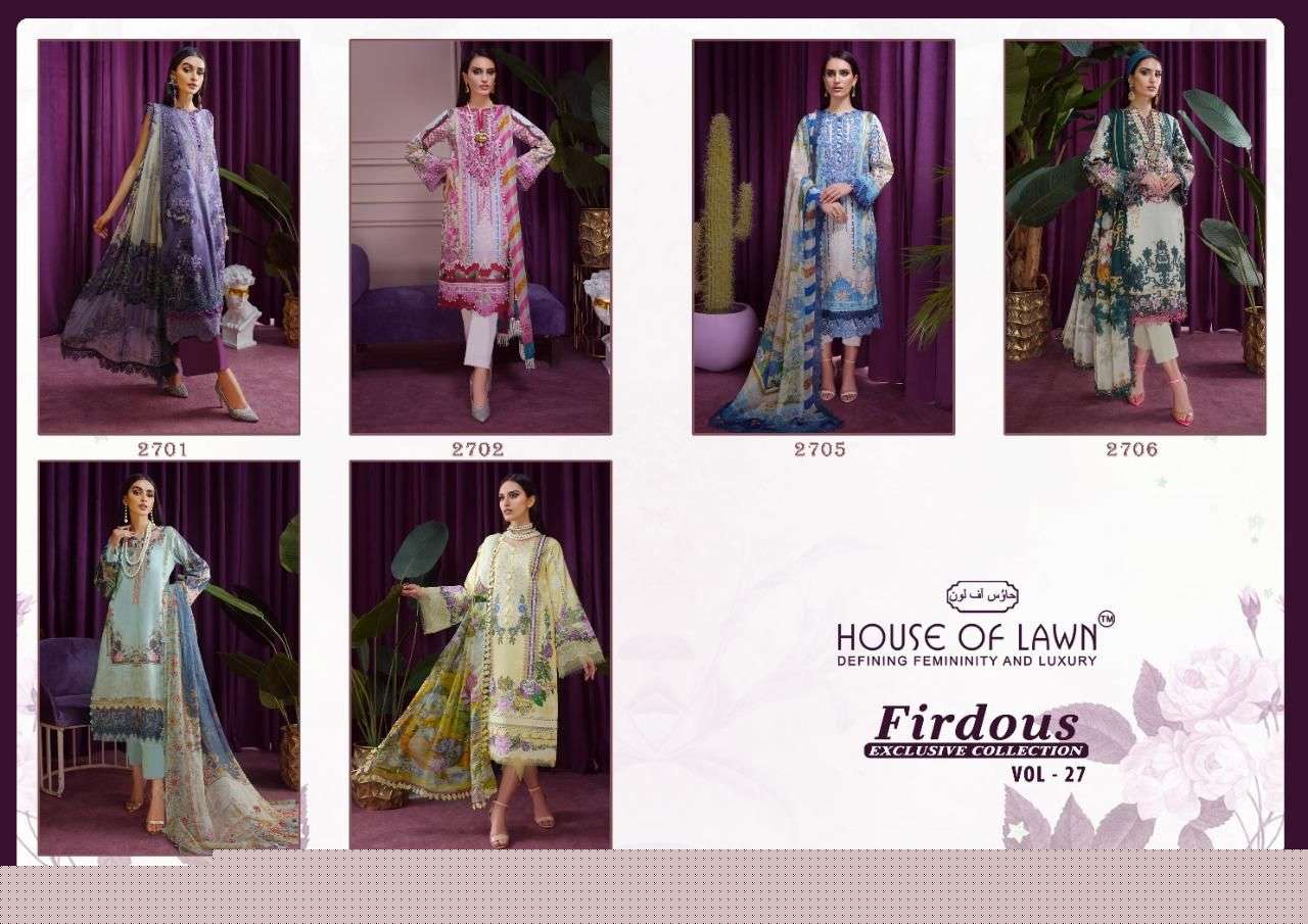 FIRDOUS VOL-27 BY HOUSE OF LAWN 2701 TO 2706 SERIES BEAUTIFUL PAKISTANI SUITS COLORFUL STYLISH FANCY CASUAL WEAR & ETHNIC WEAR PURE LAWN DRESSES AT WHOLESALE PRICE