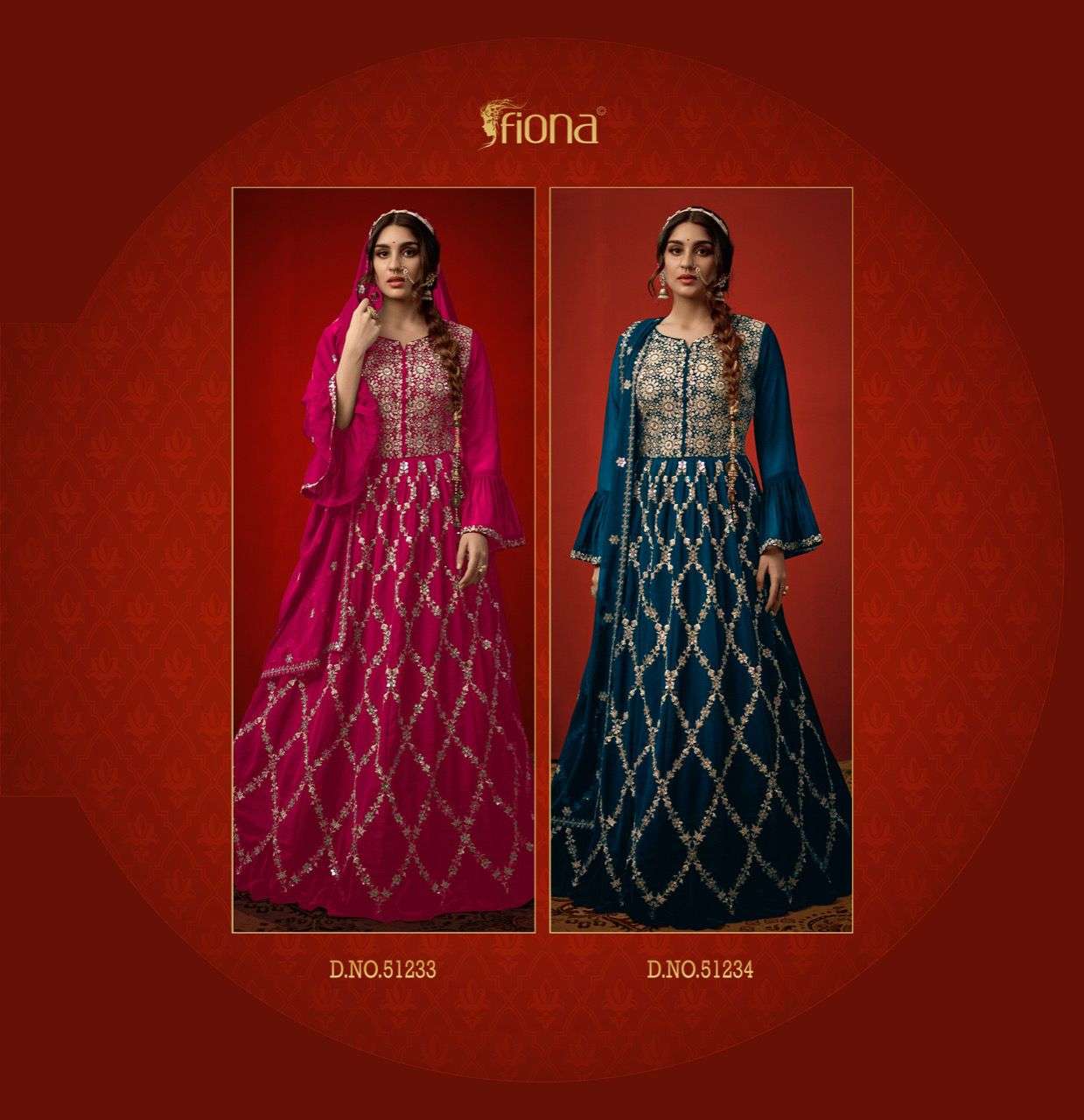 SANGINI BY FIONA 51231 TO 51234 SERIES BEAUTIFUL STYLISH FANCY COLORFUL CASUAL WEAR & ETHNIC WEAR GEORGETTE EMBROIDERED GOWNS WITH DUPATTA AT WHOLESALE PRICE