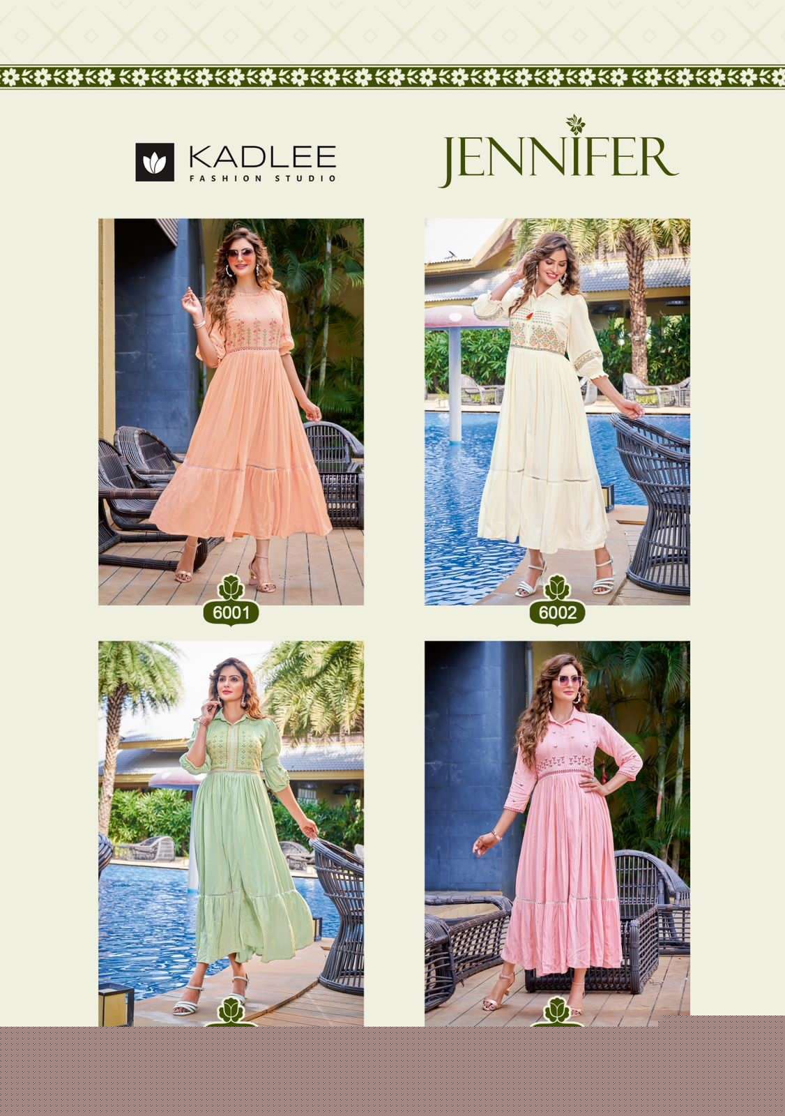 JENNIFER BY KADLEE 6001 TO 6004 SERIES BEAUTIFUL STYLISH FANCY COLORFUL CASUAL WEAR & ETHNIC WEAR VISCOSE RAYON GOWNS AT WHOLESALE PRICE