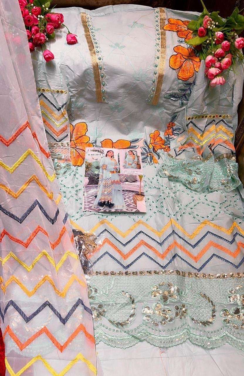 ZARQASH HIT DESIGN 2014-C BY ZARQASH DESIGNER FESTIVE PAKISTANI SUITS COLLECTION BEAUTIFUL STYLISH FANCY COLORFUL PARTY WEAR & OCCASIONAL WEAR CAMBRIC COTTON EMBROIDERED DRESSES AT WHOLESALE PRICE