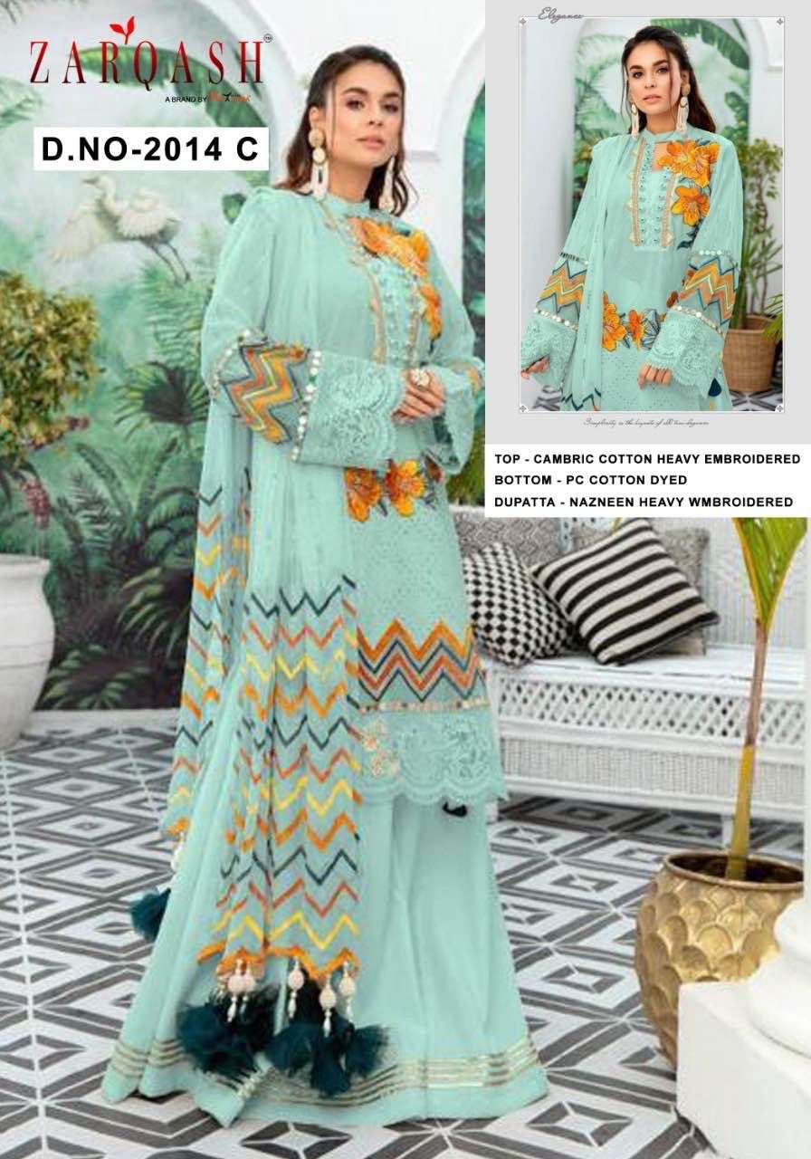 ZARQASH HIT DESIGN 2014-C BY ZARQASH DESIGNER FESTIVE PAKISTANI SUITS COLLECTION BEAUTIFUL STYLISH FANCY COLORFUL PARTY WEAR & OCCASIONAL WEAR CAMBRIC COTTON EMBROIDERED DRESSES AT WHOLESALE PRICE