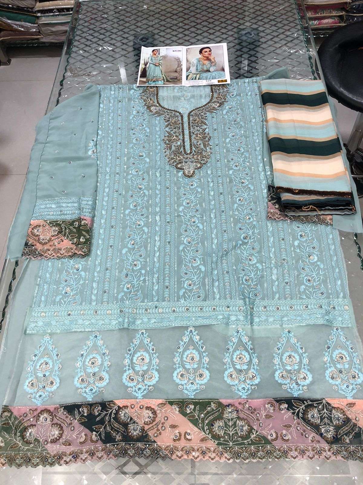 KILRUBA HIT DESIGN K-218 COLOURS BY KILRUBA K-218 TO K-218-B SERIES DESIGNER FESTIVE PAKISTANI SUITS COLLECTION BEAUTIFUL STYLISH FANCY COLORFUL PARTY WEAR & OCCASIONAL WEAR GEORGETTE EMBROIDERED DRESSES AT WHOLESALE PRICE