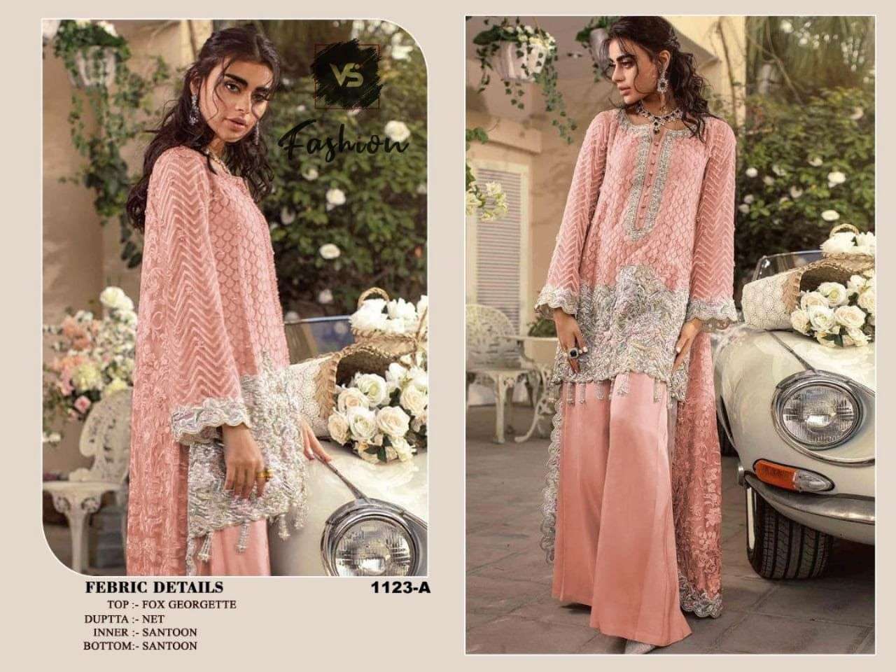 VS HIT DESIGN 1123 COLOURS BY VS FASHION 1123 TO 1123-C SERIES PAKISTANI STYLISH BEAUTIFUL COLOURFUL PRINTED & EMBROIDERED PARTY WEAR & OCCASIONAL WEAR FAUX GEORGETTE EMBROIDERED DRESSES AT WHOLESALE PRICE