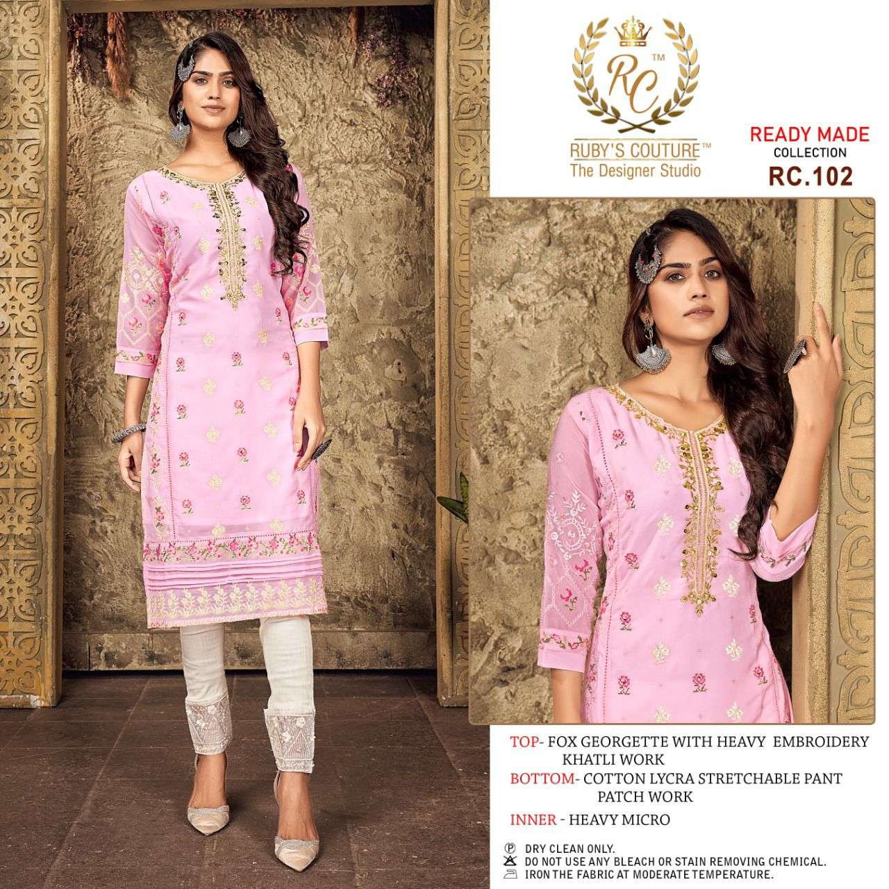 RUBYS HIT DESIGN 102 BY RUBYS COUTURE DESIGNER STYLISH FANCY COLORFUL BEAUTIFUL PARTY WEAR & ETHNIC WEAR COLLECTION FAUX GEORGETTE KURTIS WITH BOTTOM AT WHOLESALE PRICE