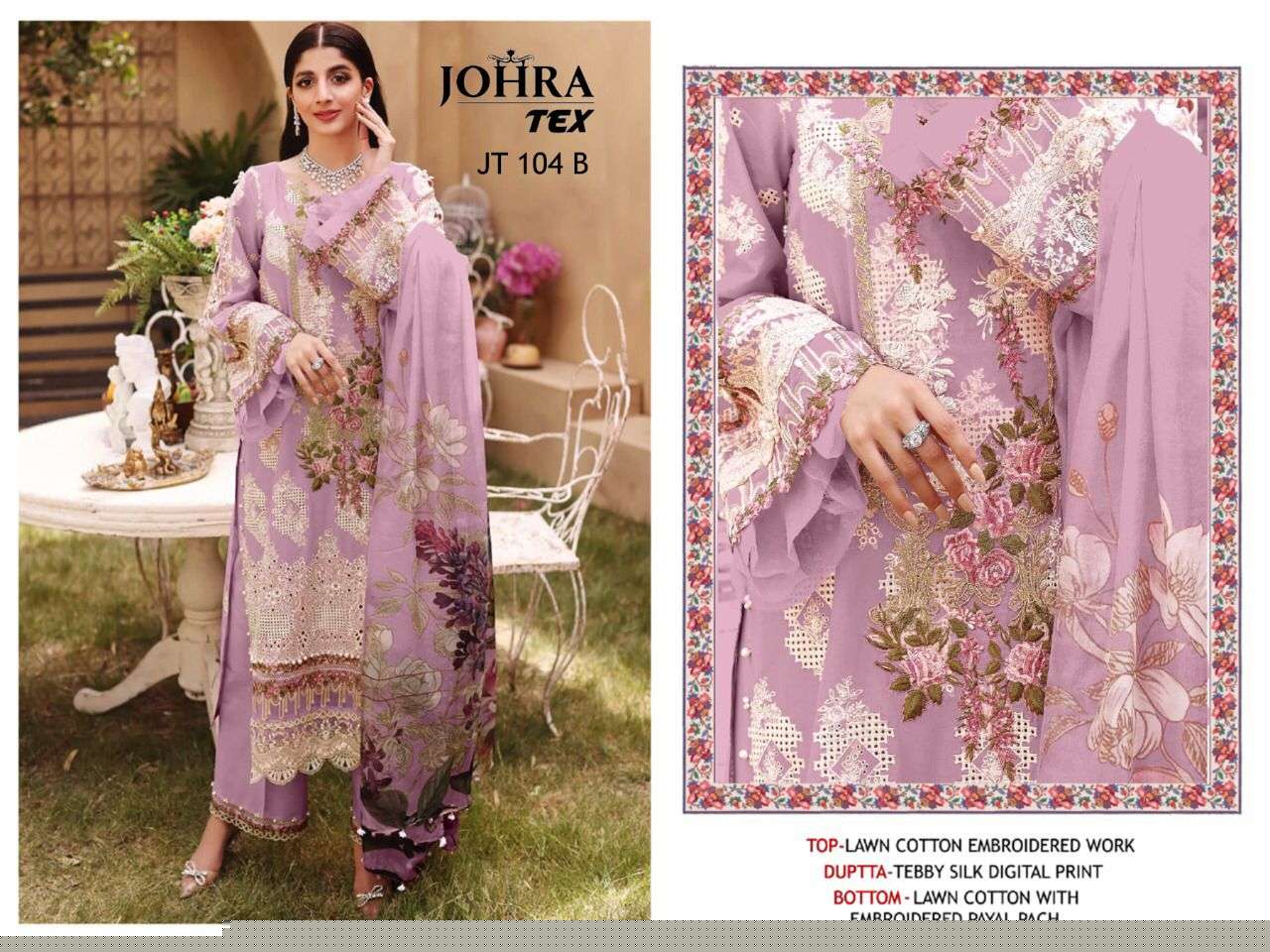 JOHRA HIT DESIGN 104-B BY JOHRA TEX DESIGNER PAKISTANI SUITS BEAUTIFUL STYLISH FANCY COLORFUL PARTY WEAR & OCCASIONAL WEAR COTTON EMBROIDERED DRESSES AT WHOLESALE PRICE
