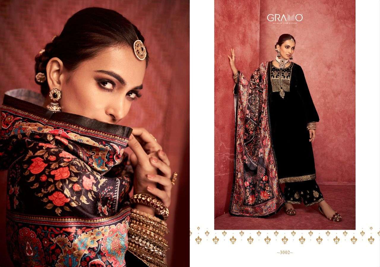 VELVET VOL-3 BY GRAMO 3001 TO 3004 SERIES BEAUTIFUL SUITS COLORFUL STYLISH FANCY CASUAL WEAR & ETHNIC WEAR VELVET DRESSES AT WHOLESALE PRICE