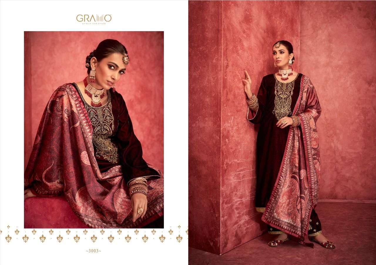 VELVET VOL-3 BY GRAMO 3001 TO 3004 SERIES BEAUTIFUL SUITS COLORFUL STYLISH FANCY CASUAL WEAR & ETHNIC WEAR VELVET DRESSES AT WHOLESALE PRICE