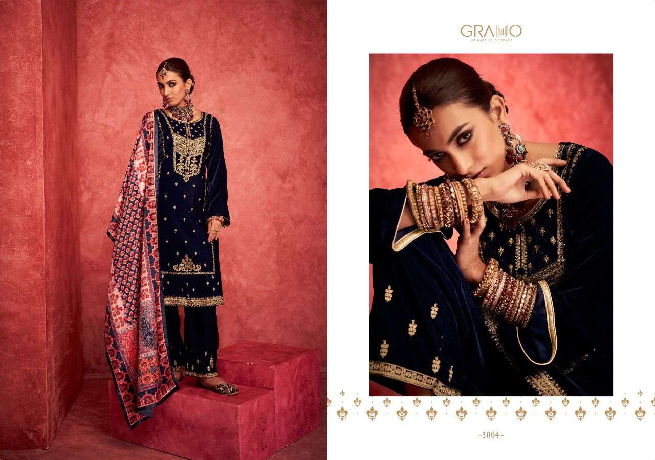 VELVET VOL-3 BY GRAMO 3001 TO 3004 SERIES BEAUTIFUL SUITS COLORFUL STYLISH FANCY CASUAL WEAR & ETHNIC WEAR VELVET DRESSES AT WHOLESALE PRICE