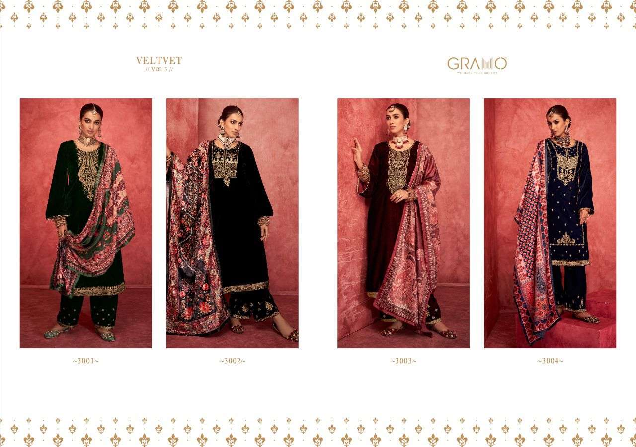 VELVET VOL-3 BY GRAMO 3001 TO 3004 SERIES BEAUTIFUL SUITS COLORFUL STYLISH FANCY CASUAL WEAR & ETHNIC WEAR VELVET DRESSES AT WHOLESALE PRICE