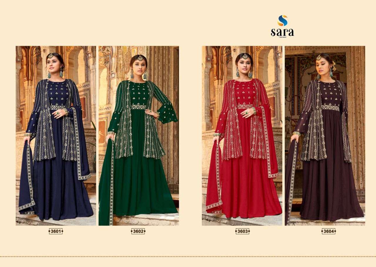 MANNAT BY SARA TRENDZ 3601 TO 3604 SERIES DESIGNER SHARARA SUITS BEAUTIFUL FANCY COLORFUL STYLISH PARTY WEAR & OCCASIONAL WEAR GEORGETTE EMBROIDERED DRESSES AT WHOLESALE PRICE