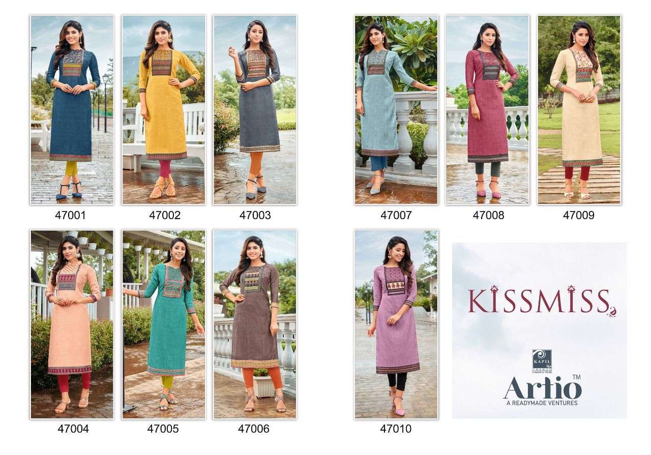 KISSMISS BY ARTIO 47001 TO 47010 SERIES DESIGNER STYLISH FANCY COLORFUL BEAUTIFUL PARTY WEAR & ETHNIC WEAR COLLECTION SLUB SILK KURTIS AT WHOLESALE PRICE