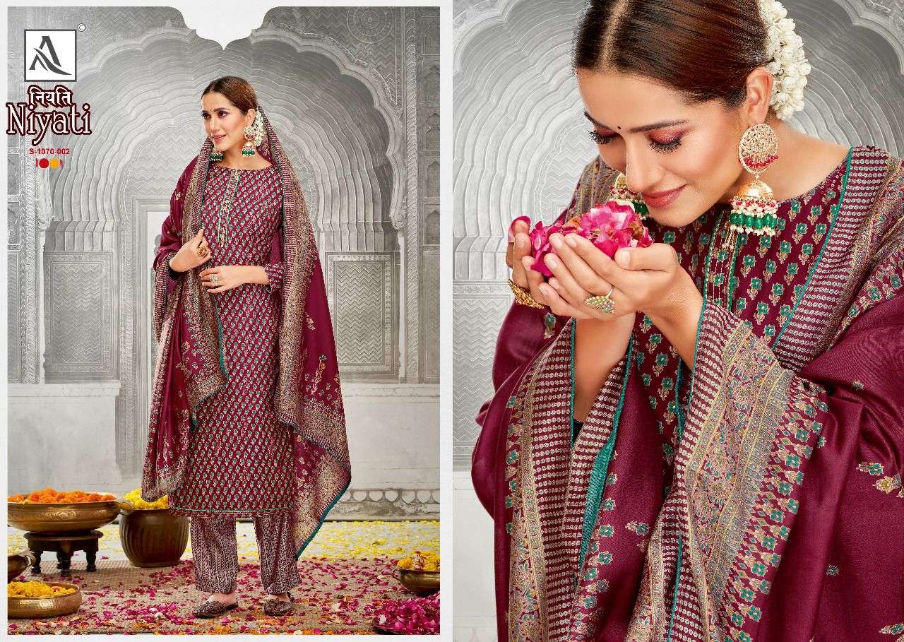 NIYATI BY ALOK SUITS 1070-001 TO 1070-008 SERIES DESIGNER SUITS BEAUTIFUL STYLISH FANCY COLORFUL PARTY WEAR & OCCASIONAL WEAR PURE VISCOSE SILK DRESSES AT WHOLESALE PRICE