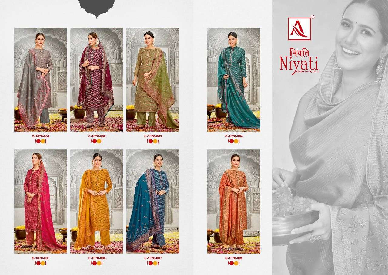 NIYATI BY ALOK SUITS 1070-001 TO 1070-008 SERIES DESIGNER SUITS BEAUTIFUL STYLISH FANCY COLORFUL PARTY WEAR & OCCASIONAL WEAR PURE VISCOSE SILK DRESSES AT WHOLESALE PRICE