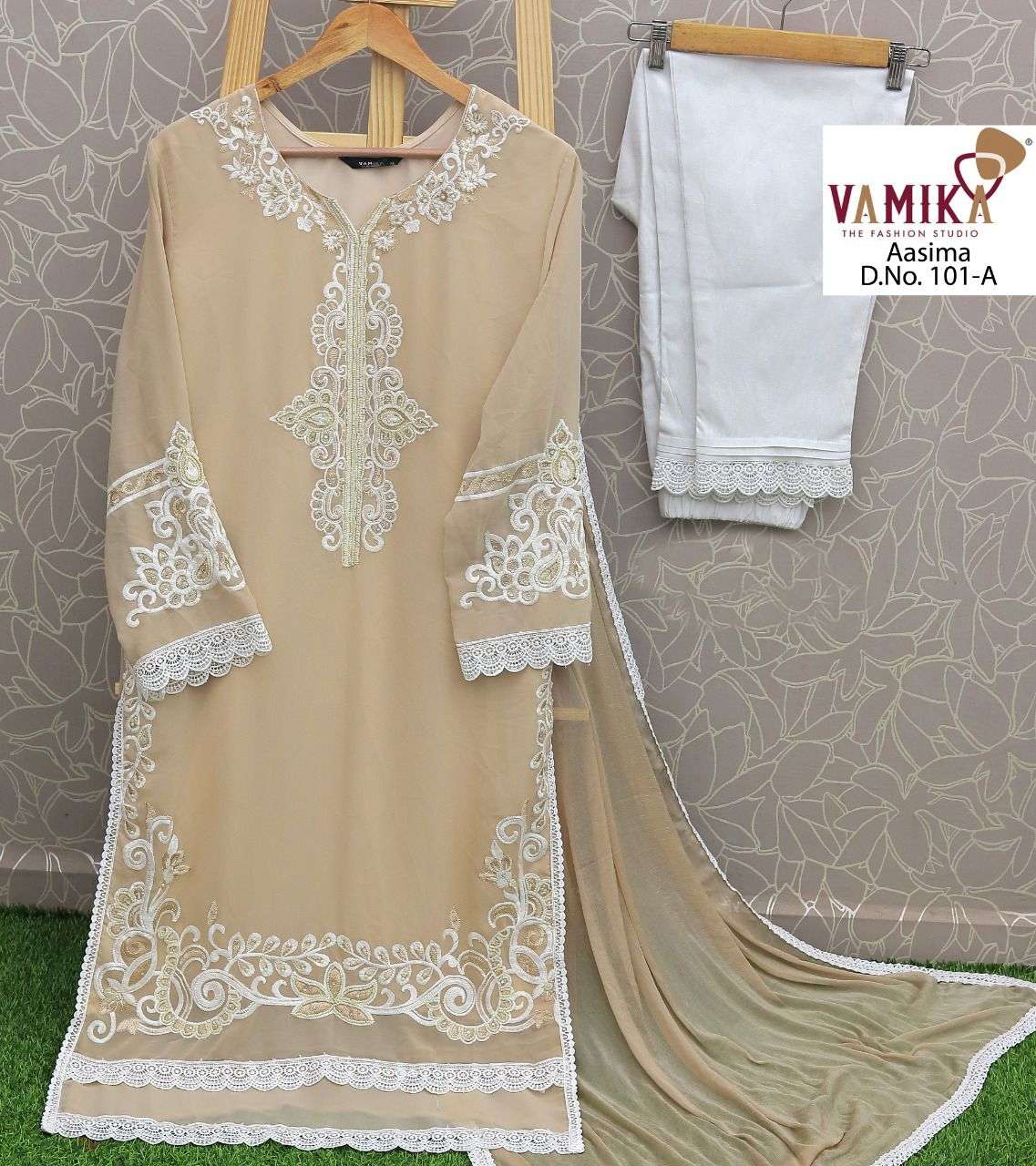 AASIMA BY VAMIKA 101-A TO 101-D SERIES DESIGNER PAKISTANI SUITS BEAUTIFUL FANCY COLORFUL STYLISH PARTY WEAR & OCCASIONAL WEAR FAUX GEORGETTE EMBROIDERY DRESSES AT WHOLESALE PRICE