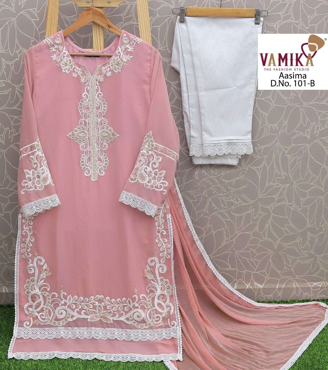 AASIMA BY VAMIKA 101-A TO 101-D SERIES DESIGNER PAKISTANI SUITS BEAUTIFUL FANCY COLORFUL STYLISH PARTY WEAR & OCCASIONAL WEAR FAUX GEORGETTE EMBROIDERY DRESSES AT WHOLESALE PRICE