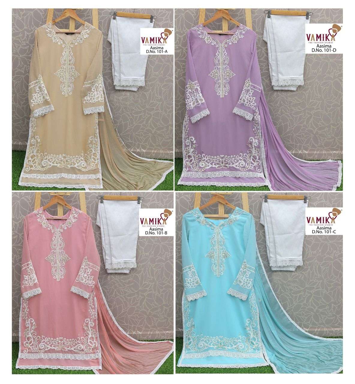 AASIMA BY VAMIKA 101-A TO 101-D SERIES DESIGNER PAKISTANI SUITS BEAUTIFUL FANCY COLORFUL STYLISH PARTY WEAR & OCCASIONAL WEAR FAUX GEORGETTE EMBROIDERY DRESSES AT WHOLESALE PRICE