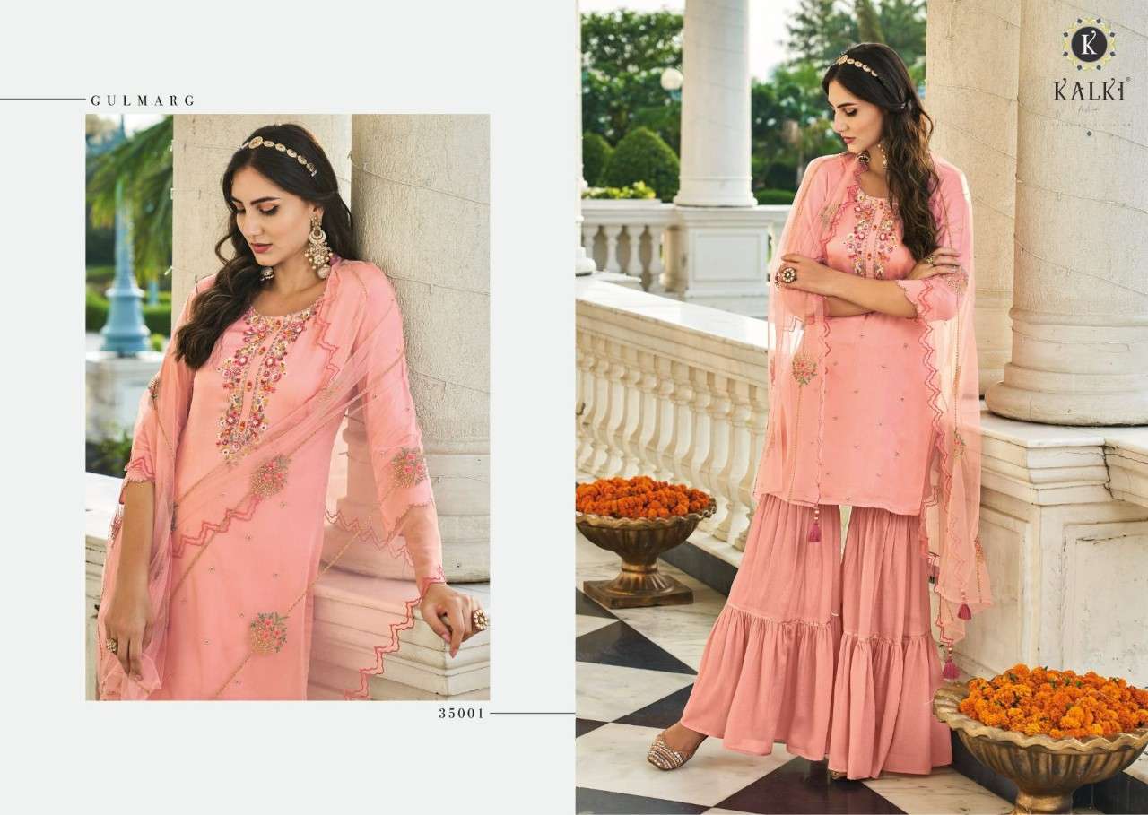 Gulmarg By Kalki 35001 To 35006 Series Beautiful Sharara Suits Colorful Stylish Fancy Casual Wear & Ethnic Wear Chinnon Chiffon Viscose Silk Embroidered Dresses At Wholesale Price