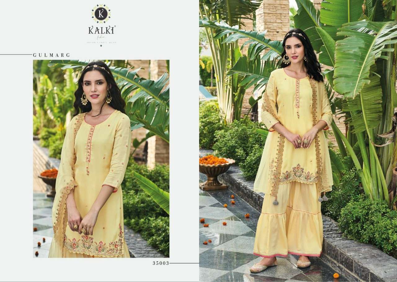 Gulmarg By Kalki 35001 To 35006 Series Beautiful Sharara Suits Colorful Stylish Fancy Casual Wear & Ethnic Wear Chinnon Chiffon Viscose Silk Embroidered Dresses At Wholesale Price