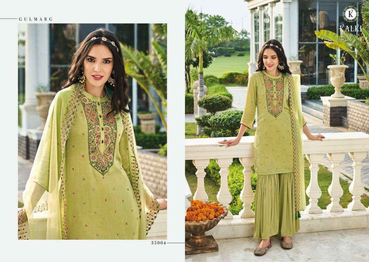 Gulmarg By Kalki 35001 To 35006 Series Beautiful Sharara Suits Colorful Stylish Fancy Casual Wear & Ethnic Wear Chinnon Chiffon Viscose Silk Embroidered Dresses At Wholesale Price
