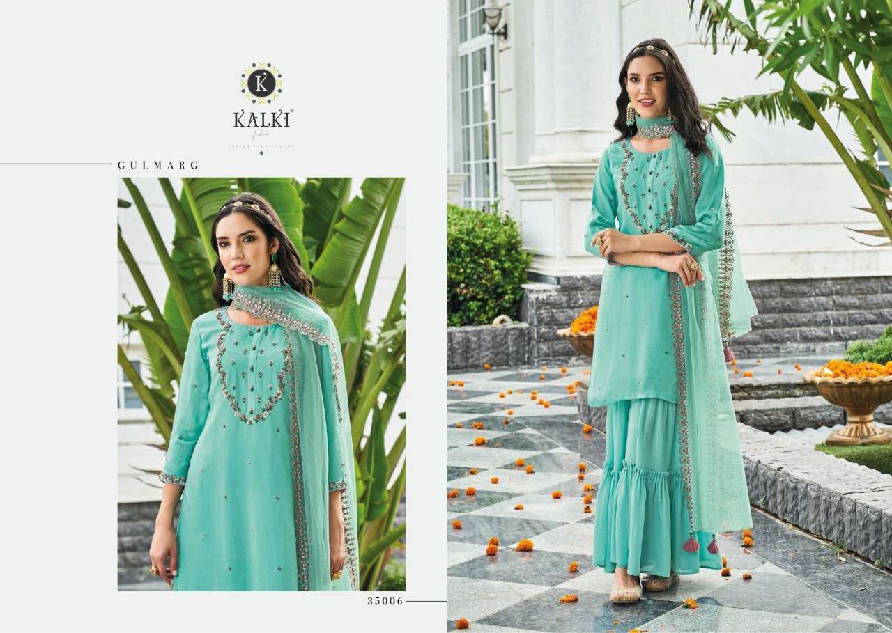 Gulmarg By Kalki 35001 To 35006 Series Beautiful Sharara Suits Colorful Stylish Fancy Casual Wear & Ethnic Wear Chinnon Chiffon Viscose Silk Embroidered Dresses At Wholesale Price