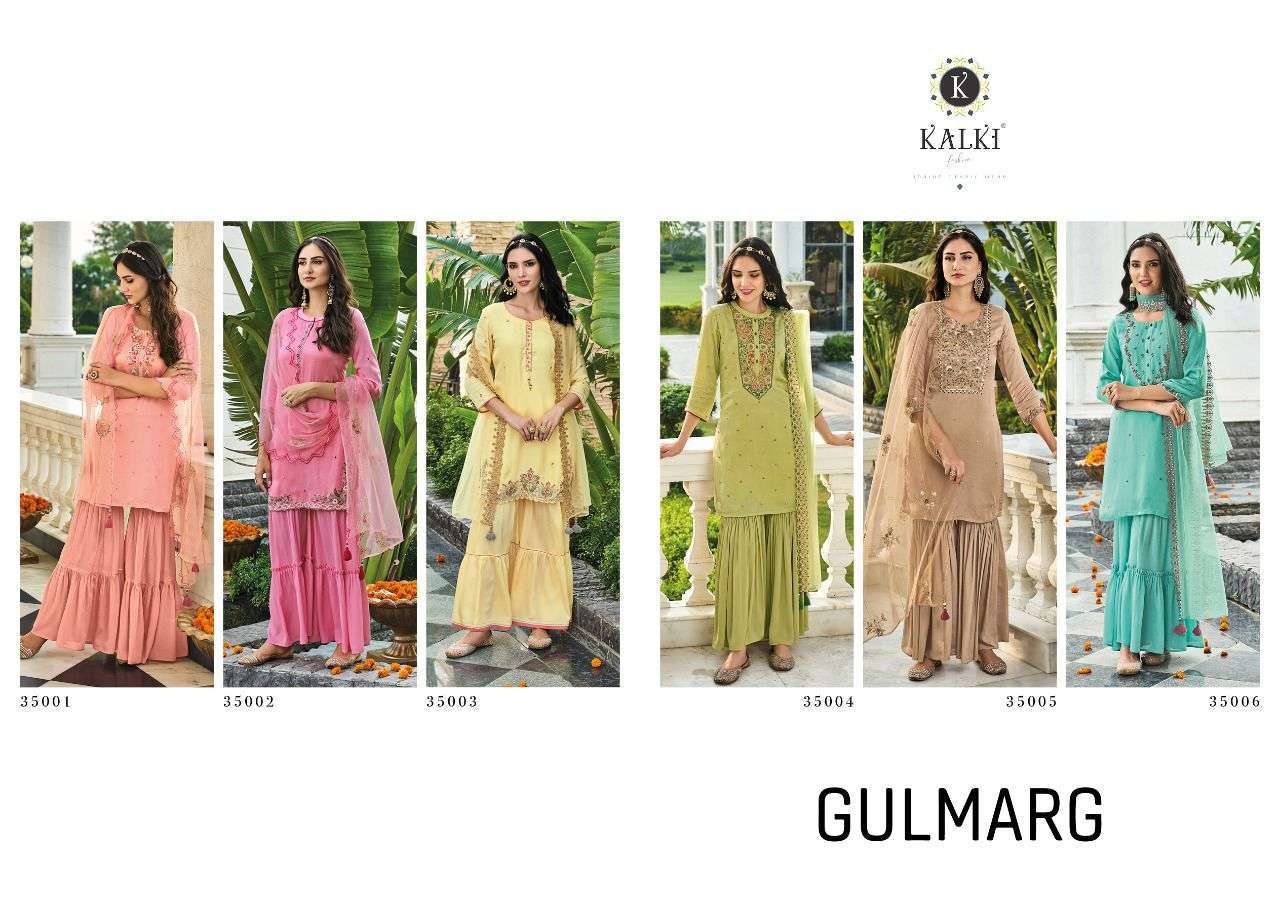 Gulmarg By Kalki 35001 To 35006 Series Beautiful Sharara Suits Colorful Stylish Fancy Casual Wear & Ethnic Wear Chinnon Chiffon Viscose Silk Embroidered Dresses At Wholesale Price