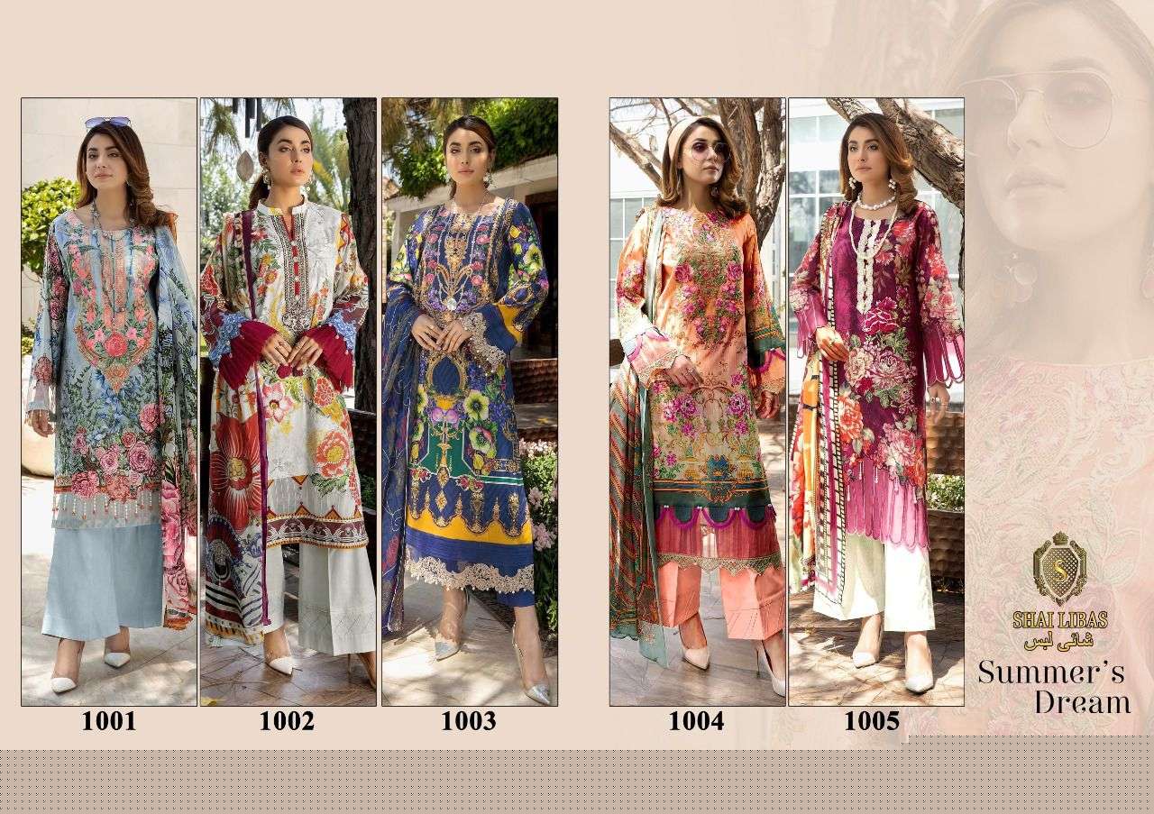 SUMMERS DREAM BY SHAI LIBAS 1001 TO 1005 SERIES BEAUTIFUL PAKISTANI SUITS COLORFUL STYLISH FANCY CASUAL WEAR & ETHNIC WEAR PURE CAMBRIC COTTON DIGITAL PRINT DRESSES AT WHOLESALE PRICE
