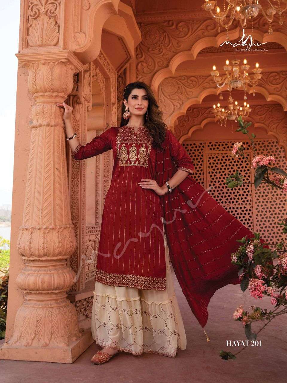 HAYAT VOL-2 BY MAYUR 201 TO 206 SERIES BEAUTIFUL SHARARA SUITS COLORFUL STYLISH FANCY CASUAL WEAR & ETHNIC WEAR SILK EMBROIDERED DRESSES AT WHOLESALE PRICE